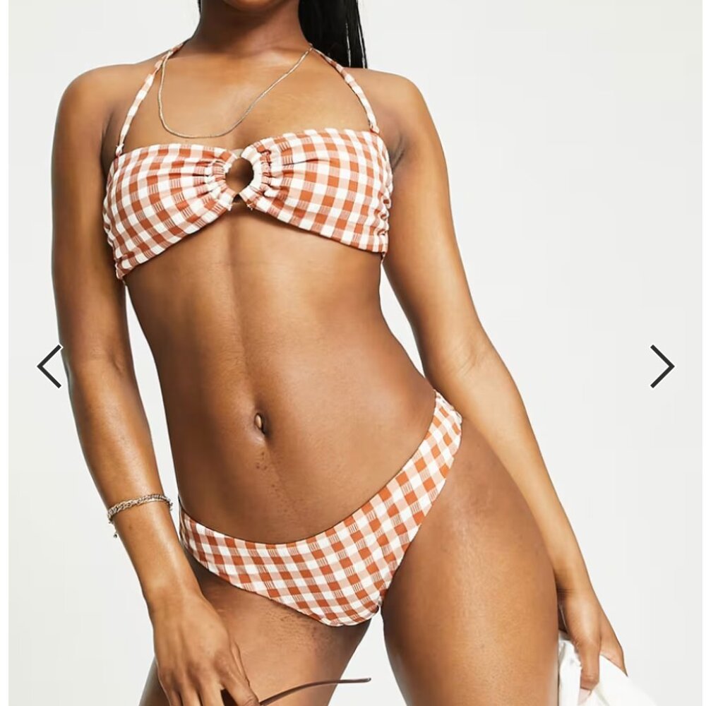 NWT Mango MNG gingham key hole bikini top and bottom in orange